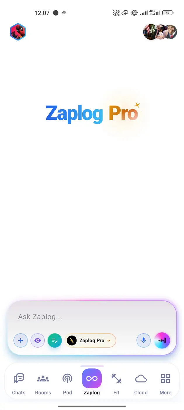 The Zaplog tab at rest with Zaplog Pro selected: the Zaplog Pro wordmark above an empty Ask Zaplog composer with attach, vision, model picker, microphone and voice controls.