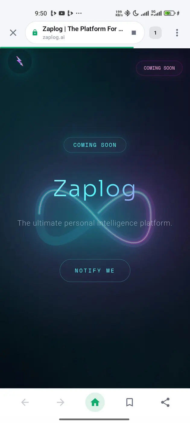 The in-app web browser with a tab open on zaplog.ai, showing the neon infinity loop of the current holding page.