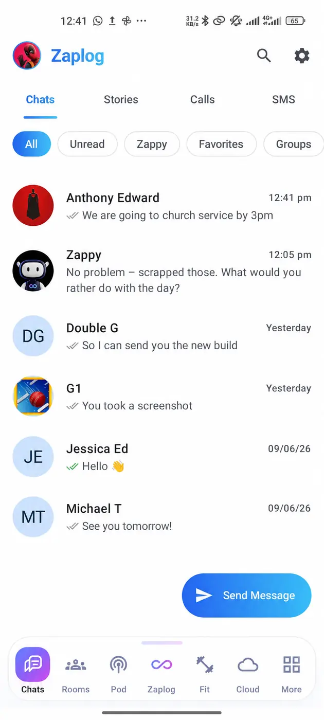 The Zaplog Chats tab: sub-tabs for Chats, Stories, Calls and SMS, filter chips for All, Unread, Zappy, Favorites and Groups, and conversations with Anthony Edward, Zappy, Double G, G1, Jessica Ed and Michael T.