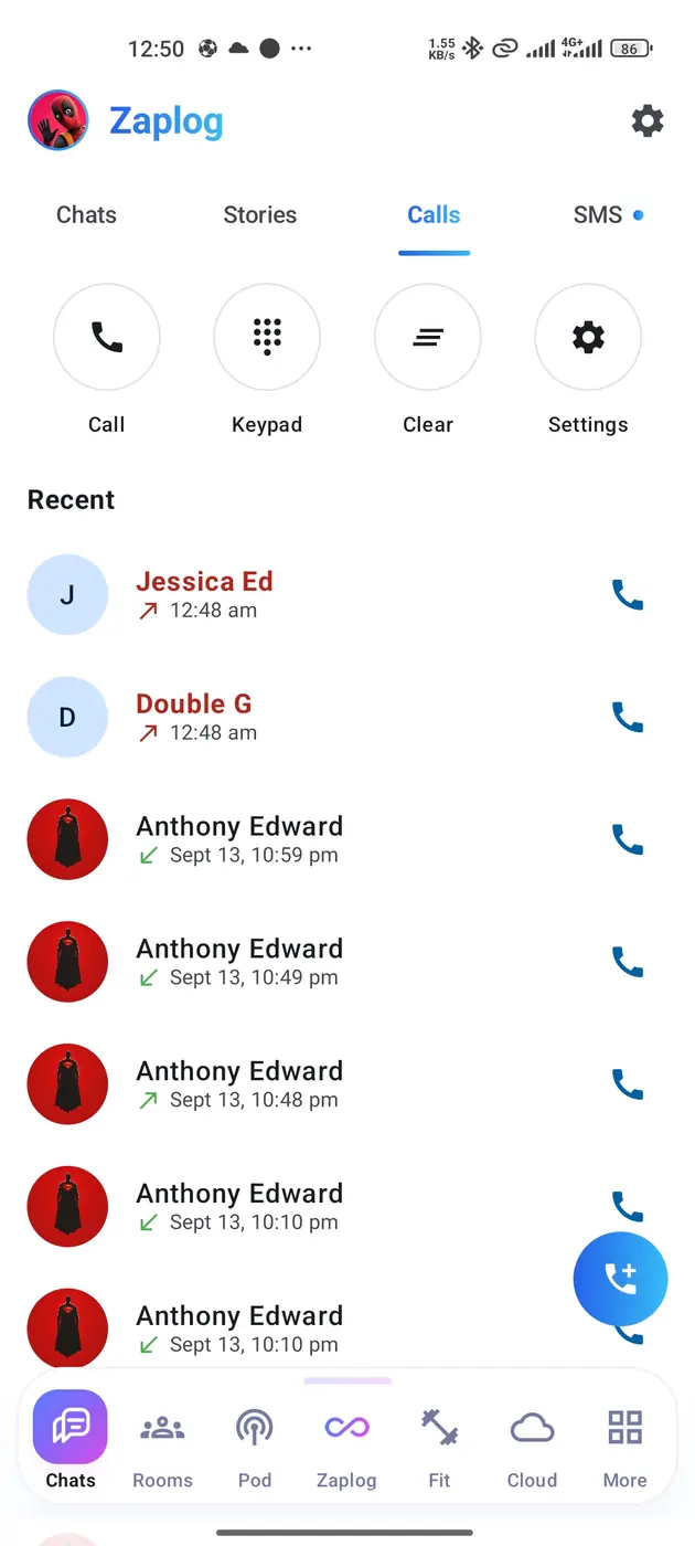 The Calls sub-tab, showing call, keypad, clear and settings actions above recent calls with Jessica Ed, Double G and Anthony Edward.