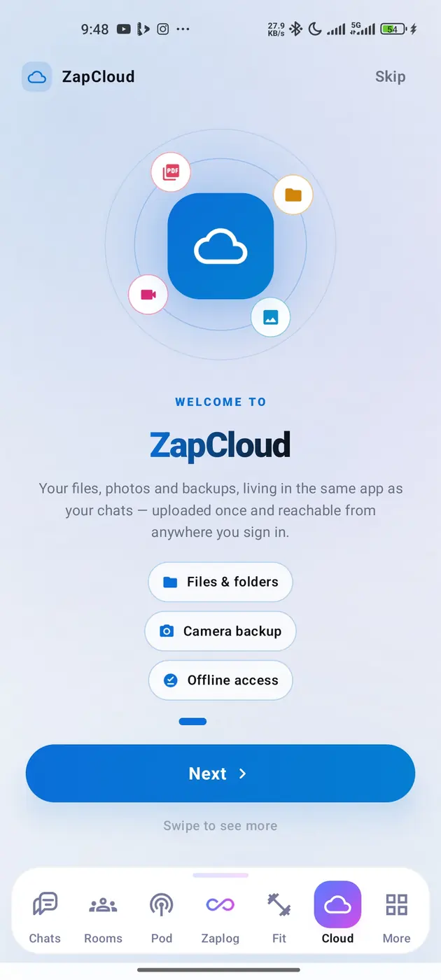The ZapCloud welcome screen with a glowing cloud icon ringed by document, folder, video and photo marks.