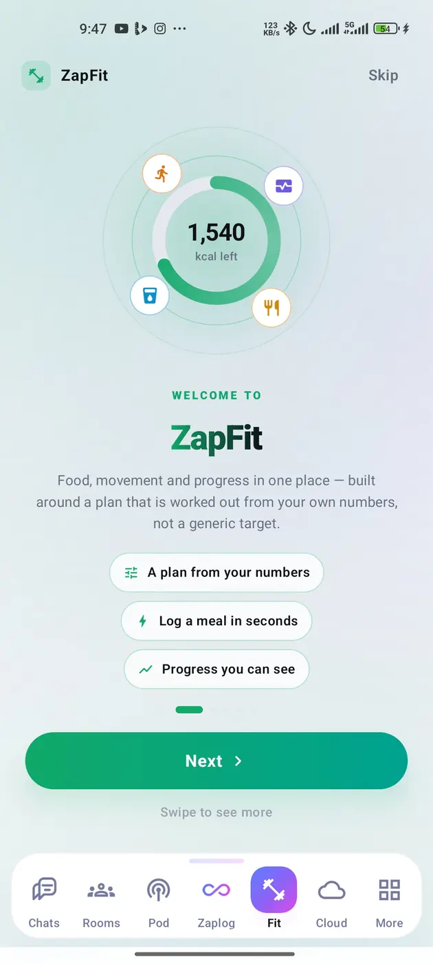 The ZapFit welcome screen with a calorie ring reading 1,540 kcal left, ringed by activity, water and food icons.