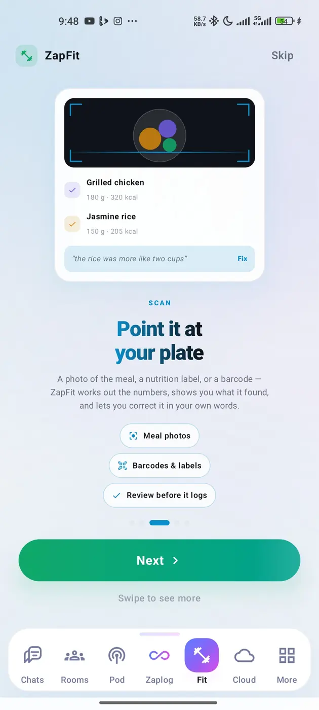 The meal scanner: a crosshair over a photographed plate, with grilled chicken and jasmine rice detected and a plain-language correction reading “the rice was more like two cups”.