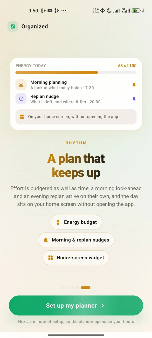 Energy today at 68 of 100, with a morning planning nudge at 7:30, a replan nudge at 20:00, and a home-screen widget row.