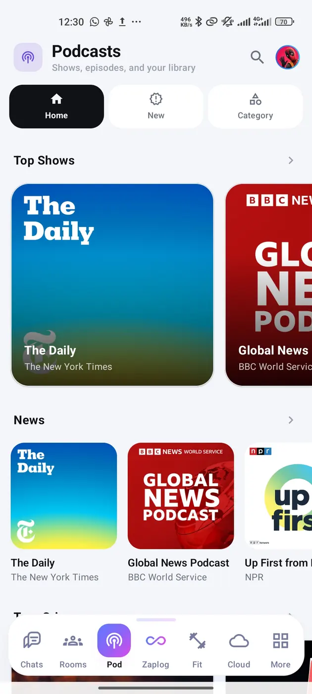 The Podcasts home screen with Home, New and Category tabs, Top Shows led by The Daily and Global News, and a News row with The Daily, Global News Podcast and Up First.