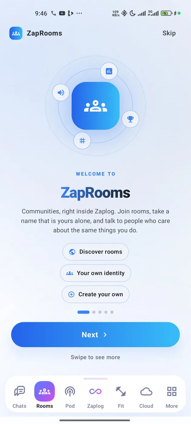 The ZapRooms welcome screen with a glowing rooms icon and options to discover rooms, pick your own identity, or create your own room.