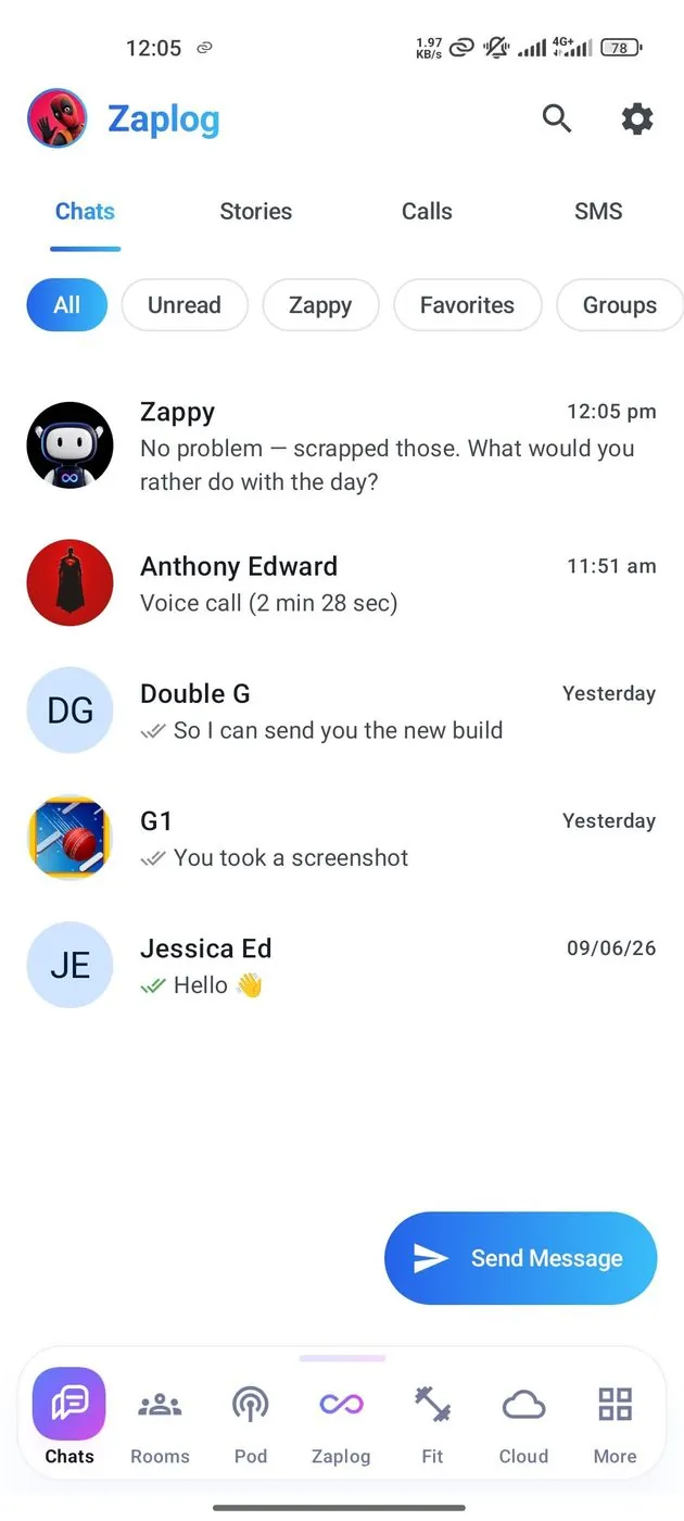 The Zaplog Chats tab with Zappy at the top of the conversation list, above chats with Anthony Edward, Double G, G1 and Jessica Ed, and the Rooms, Pod, Zaplog, Fit, Cloud and More bar.