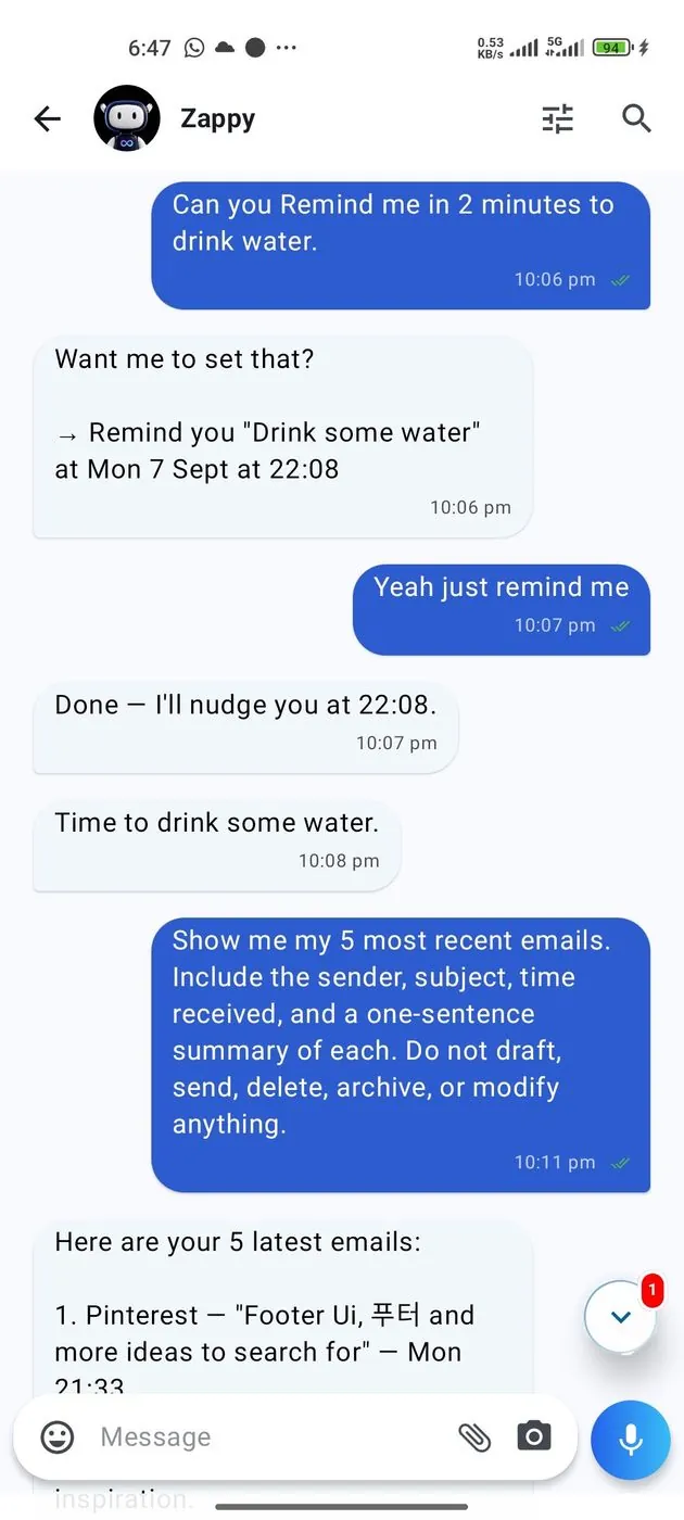 A conversation with Zappy: a request to be reminded to drink water in two minutes, the reminder being set for 22:08, and the reminder arriving.