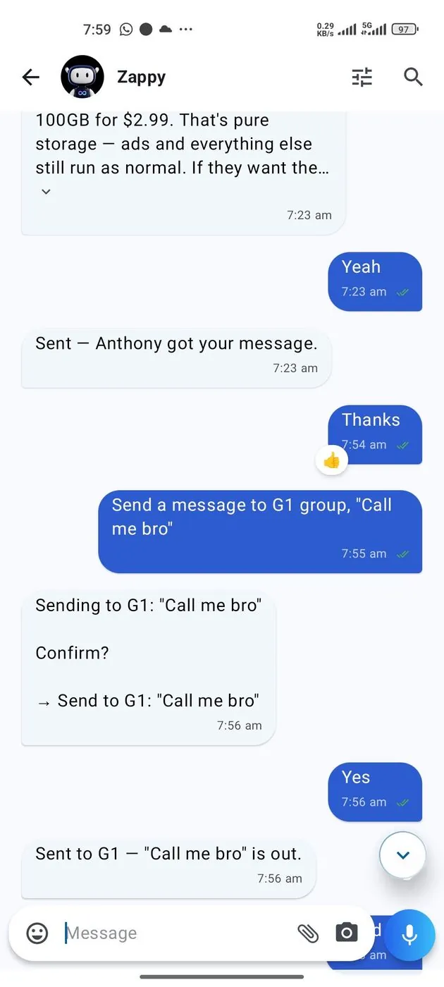 A conversation with Zappy: a request to message the G1 group, the message read back for confirmation, and confirmation that it was sent.
