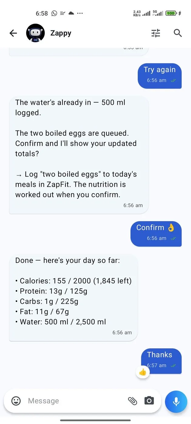 A conversation with Zappy: water already logged, two boiled eggs queued for confirmation, and the day’s calorie, protein, carbohydrate, fat and water totals after confirming.