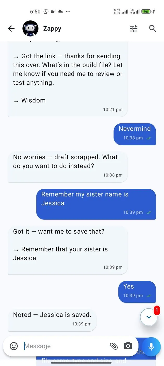A conversation with Zappy: a detail worth remembering, Zappy asking whether to save it, and confirmation that it was saved.